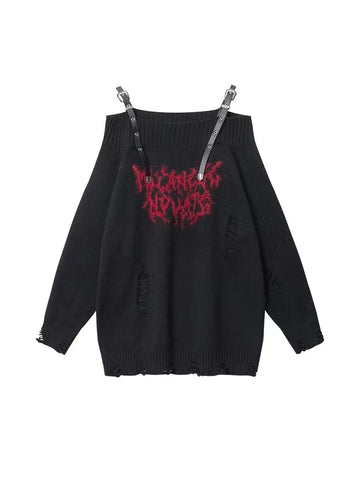 Getadme American Retro Fashion Classical Knitwear Sweater Slash Neck Off Shoulder Long Sleeve Ripped Hole Pullovers Chic Y2K Streetwear